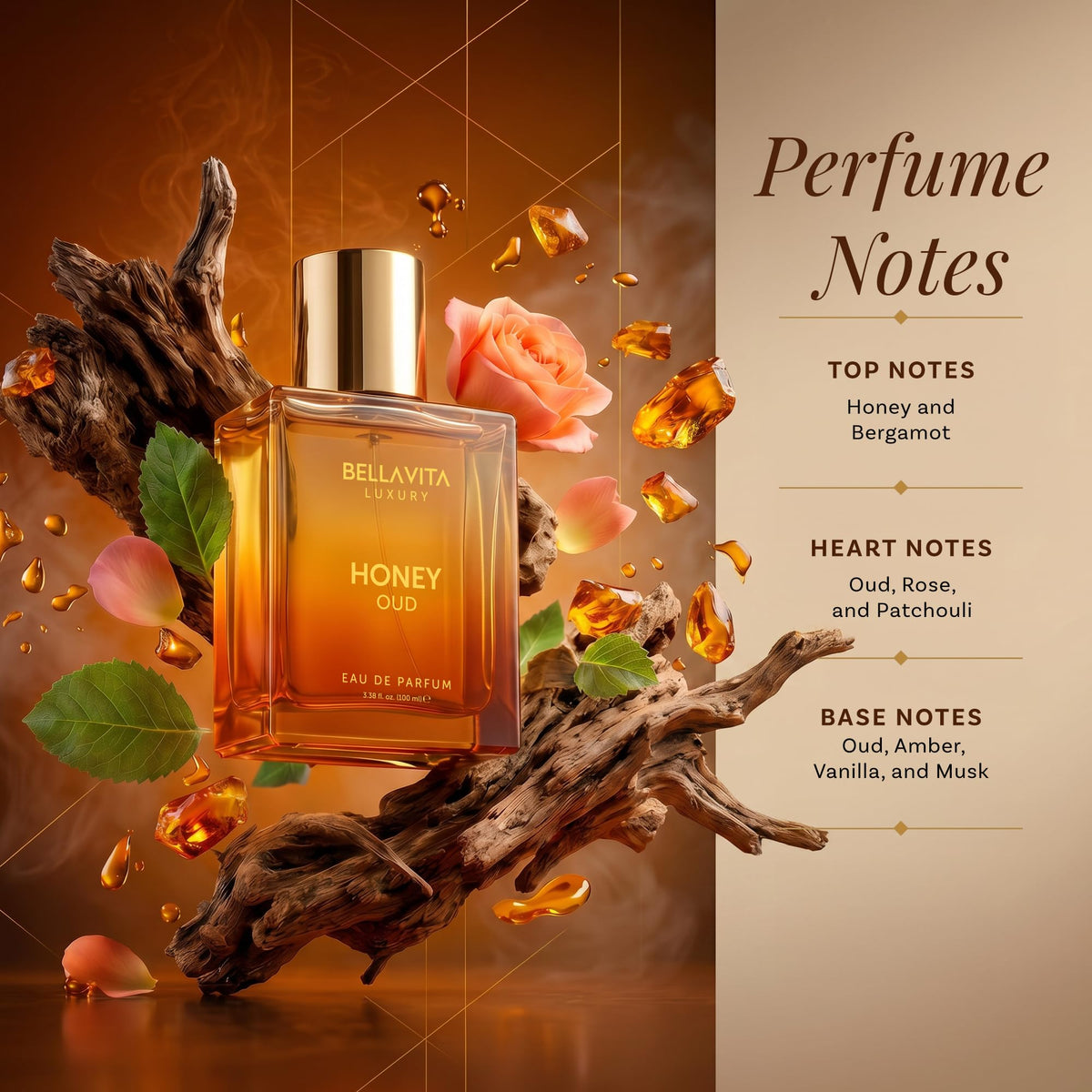 Bellavita Luxury Honey Oud Eau de Parfum | 100 ml (3.4 fl.oz.) | Perfume for Men and Women | Sweet Honey, Bergamot, Oud, and Amber Notes