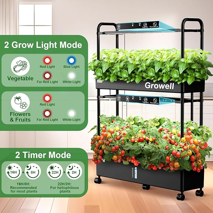 Growell Large Hydroponics Growing System Kit, 60 Pods Vertical Hydroponic Garden with 2 Light Modes Grow Light, Auto Circulating Water System, 32L Indoor Gardening System for Herb Vegetable Fruit