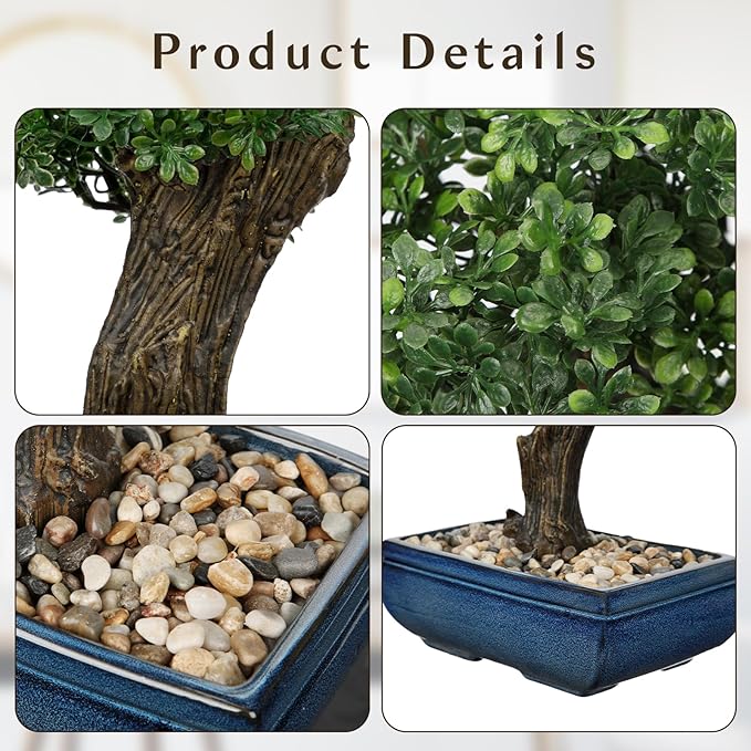 Artificial Bonsai Tree Juniper Faux Plants Indoor Fake Plants Decor with Blue Square Ceramic Pots for Home Table Office Desk Bathroom Shelf Bedroom Living Room Farmhouse Decorations