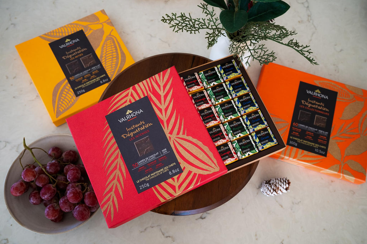 Valrhona Premium 50 Dark Chocolate Squares Gift Box - Abinao 85%, Tulakalum 75%, Guanaja 70%, Manjari 64%, Oriado 60%, Holiday Chocolate Gift, Gourmet