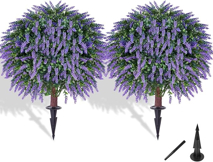 Artificial Lavender Topiany Ball Trees Set of 2,17” Resistant Fake Evergreen Shrubs with Ground SpilRealistic Outdoor Indoor Plants for Garden Porch Maintenance-Free Potted