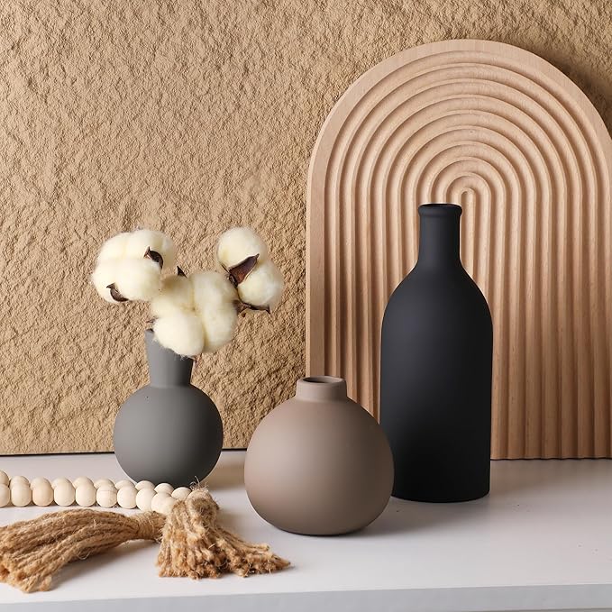Ceramic Vase Set of 3, Vases Home Decor Rustic Farmhouse Decor Pottery Vases for Bouquet Pampas Grass Dried Fresh Flowers, Living Room, Kitchen, Bedroom, Bathroom, Entryway Mantel, Decor -Multicolor