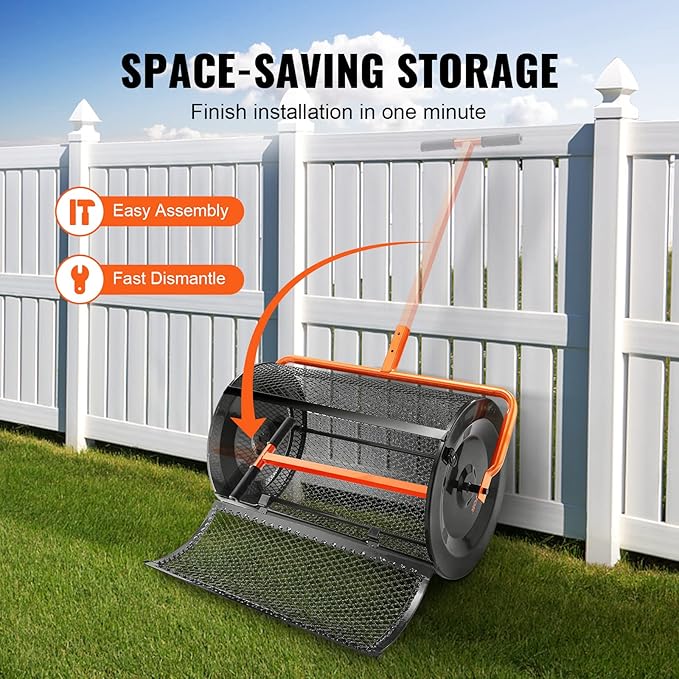 VEVOR Compost Spreader, 24.4-25.6" Height Adjustable Handle, 24" Wide, Lawn and Garden Peat Moss Roller with Side Latches, Powder Coated Steel Mesh Basket for Spreading Manure, Topsoil, Black