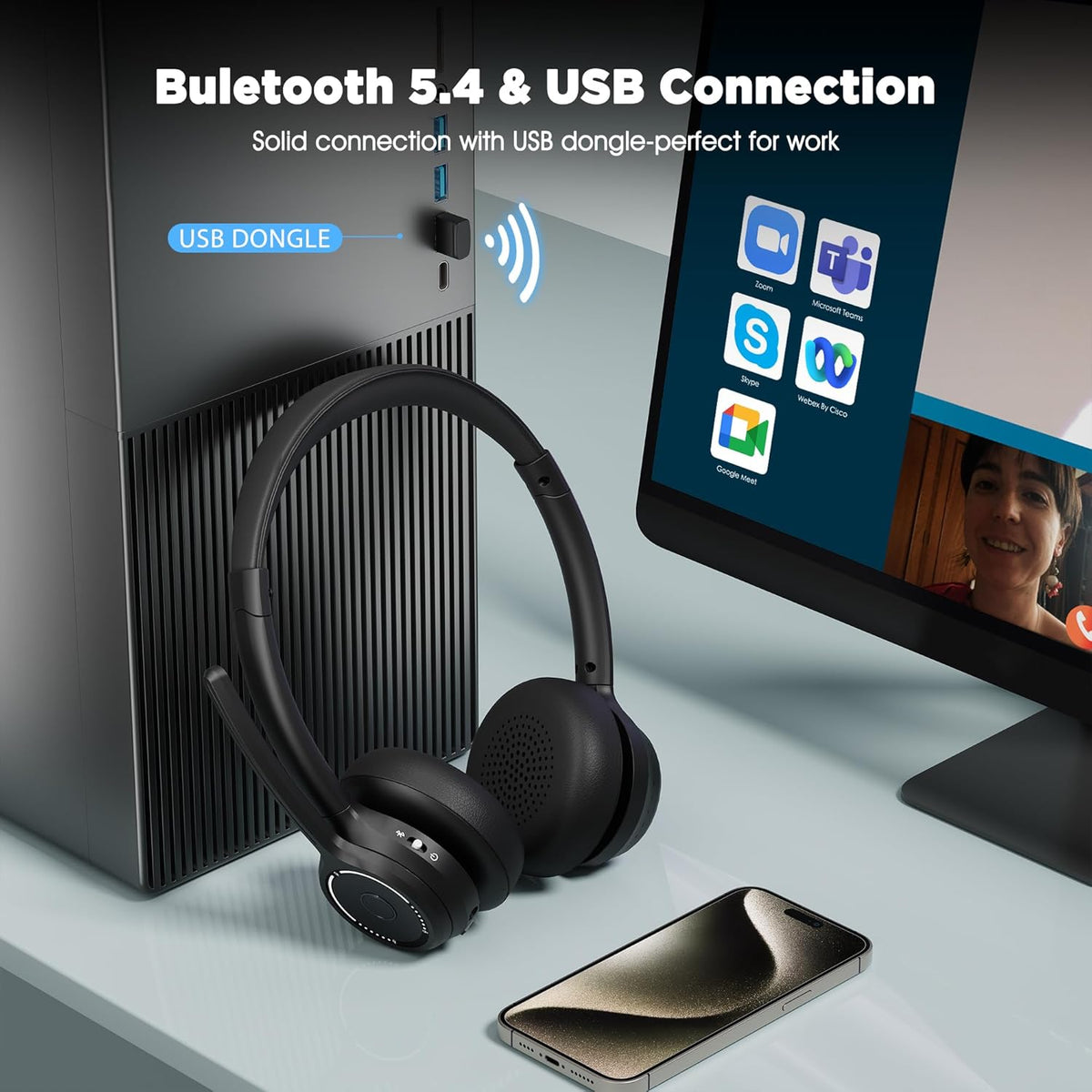 (2025 Upgraded) Wireless Headset with Mic for Work, Bluetooth Headset with Noise Canceling Microphone, Wireless On Ear Headphones with USB Dongle and Mute Mic for Computer