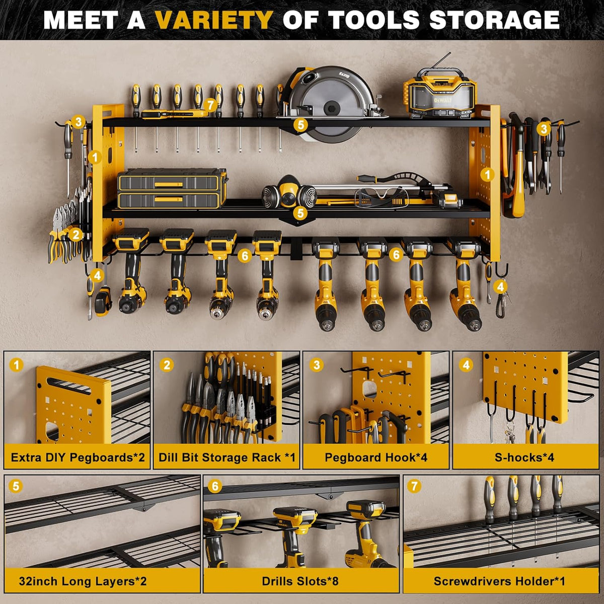 Power Tool Organizer Wall Mount,Cordless Drill Hanger Storage Rack 8 Drill Holder,3 Layers Heavy Duty Power Tool Storage Rack(Yellow)