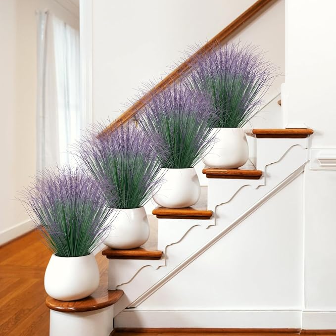 36Pcs Artificial Grass Plants, Faux Shrubs Wheat Grass, Artificial Tall Grass Fake Plants for Outdoor Decor,Artificial Greenery Stems Weed for Room Indoor Home Decor（Green Purple Tail）