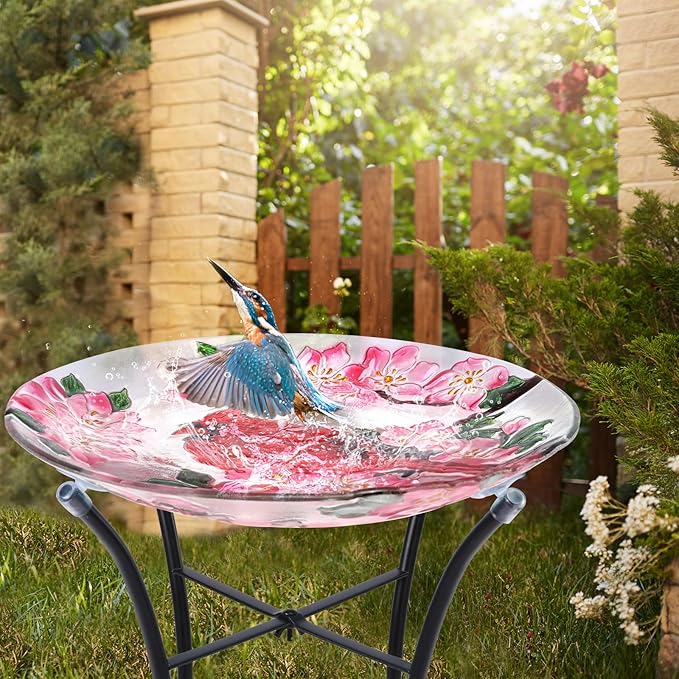 VCUTEKA Bird Baths for Outdoors, Glass Bird Bath with Metal Standing for Garden, Yards Patio Décor, Bird Lovers Gift, Cardinal Glass Birdbath Detachable (22" H * 18" W)
