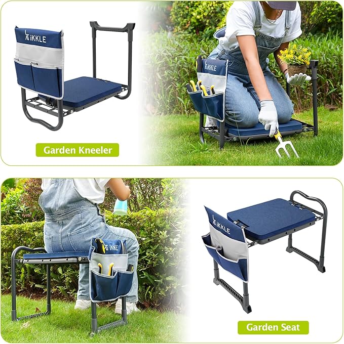 ikkle Garden Kneeler and Seat Gardening Stool Kneeler Folding Gardening Bench with Thicker Detachable Kneeling Pad and Tool Store Pouches (Blue)