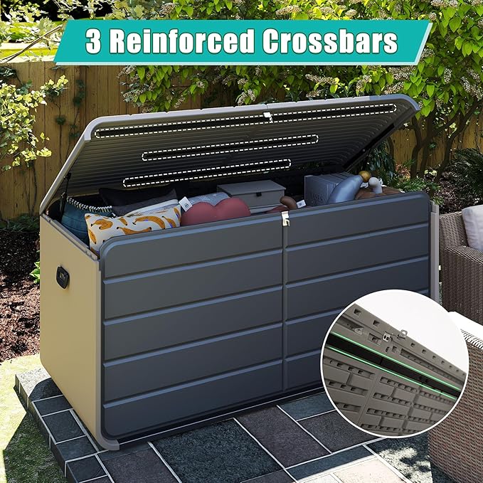 Domi 260 Gallon Resin Deck Box, Waterproof & UV-Resistant Outdoor Large Storage Box Lockable Storage Bin for Patio Cushions Pool Supplies Garden Tools and Delivery Storage