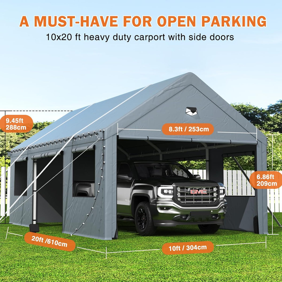 Carports 10X20 Heavy Duty，Portable Car Port Garage，Carport Canopy with Side Doors，Outdoor Car Shelter All Weather,Grey