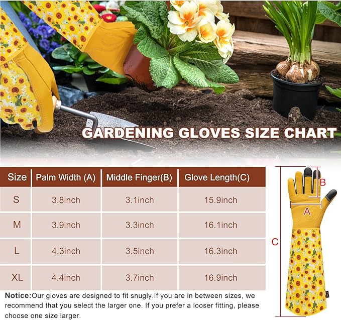 DLY Gardening Gloves for Women, Rose Gloves Gardening Thorn Proof, Long Garden Gloves for Women, Breathable Cowhide Leather Gauntlet (Large, Yellow