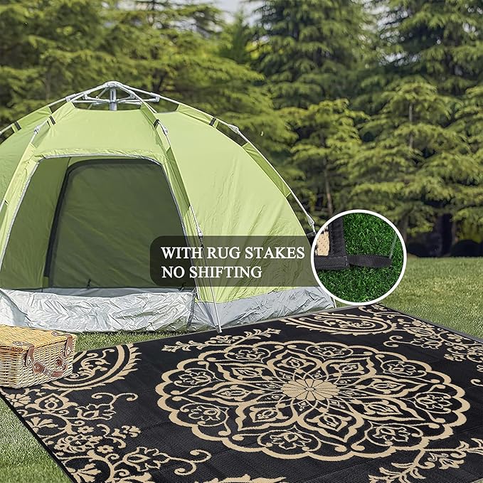 Pauwer Waterproof Outdoor Rug 8x10, Reversible Plastic Straw Patio Camping Rug, Indoor Outdoor RV Mat Carpet for Deck, Camper, Porch, Balcony, Backyard, Picnic, Boho Black Brown