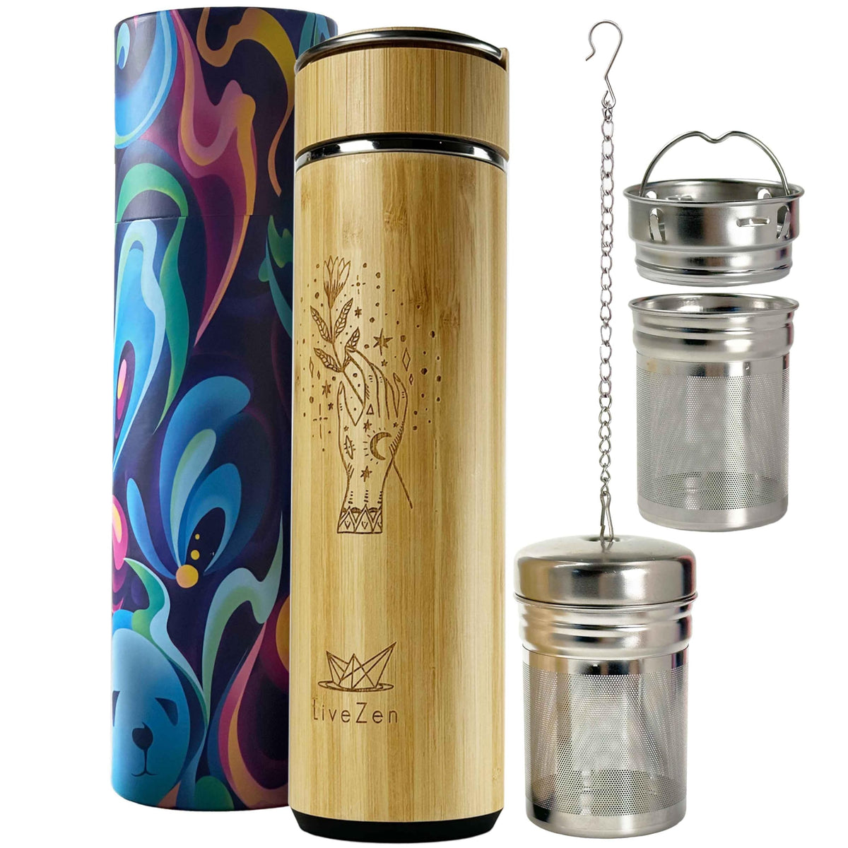 LiveZen 18oz Insulated Bamboo Tea Infuser Bottle for Loose Leaf Tea - Extra Fine Mesh Tea Steeper Basket Infuser with Chain Hook for Teapot Mug Cup
