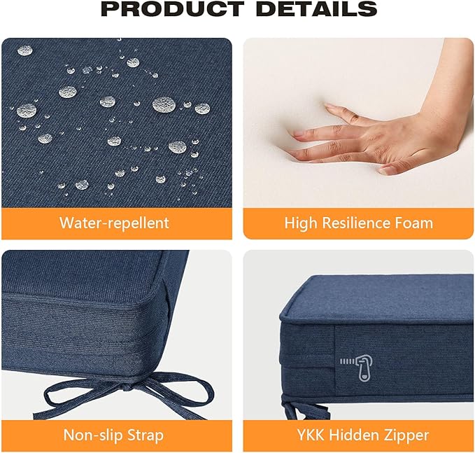 Sunbrella Square Corner Seat Cushions, 19" x 19" x 3", Set of 4, Indoor Outdoor Water Repellent Universal Chair Pads with Ties for Patio Furniture, Garden Dining Chairs, Specrtum Indigo