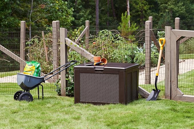 Rubbermaid Medium Resin Outdoor Storage Deck Box (74 Gal) Weather Resistant Brown Deck Organization for Home/Backyard/Pool Chemicals/Toys/Garden Tools/Porch/Patio Cushions