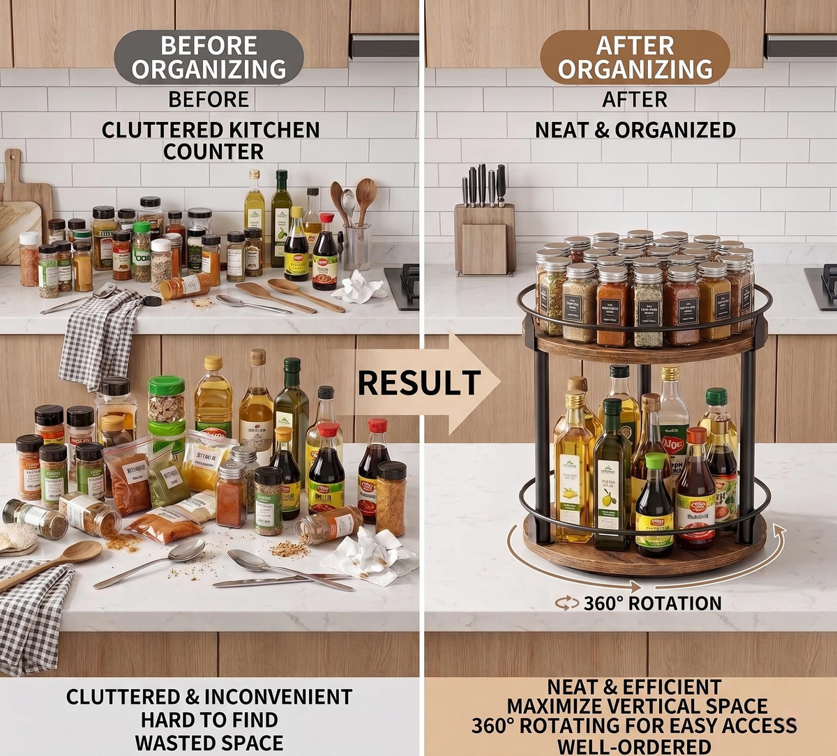 VHIEDN 2-Tier Rustic Wood Lazy Susan Turntable Organizer, Spice Rack