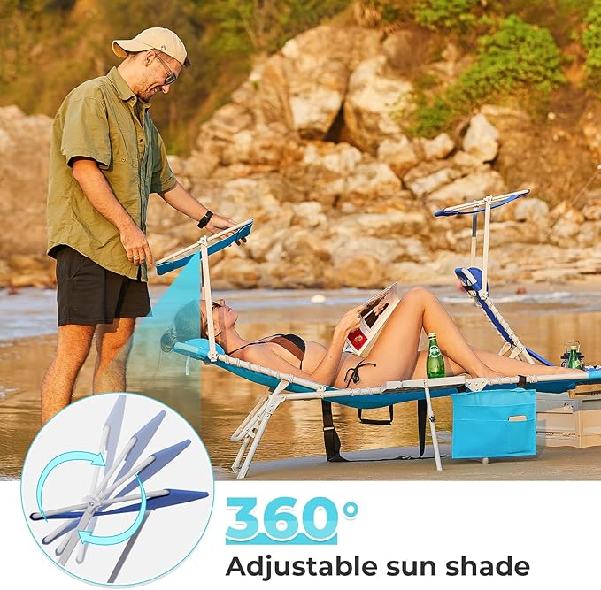 #WEJOY 4 in 1 Tanning Chair with Face Hole & Canopy & Side Table, 5 Positions Adjustable Folding Quick Dry Facedown Chaise Lounge with Pillow for Beach Poolside Outdoor Camping Patio (Darkblue)