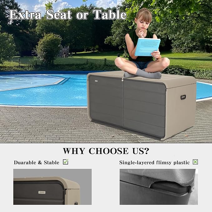 Domi 160 Gallon Resin Deck Box, Waterproof & UV-Resistant Outdoor Large Storage Box Lockable Storage Bin for Patio Cushions Pool Supplies Garden Tools and Delivery Storage