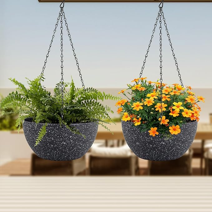 12 inch Large Hanging Planters for Indoor Outdoor Plants, 2 Pack Hanging Flower Pots with Drainage Holes and Chain for Garden Porch, Plastic Hanging Baskets for House Plants, Speckled Black