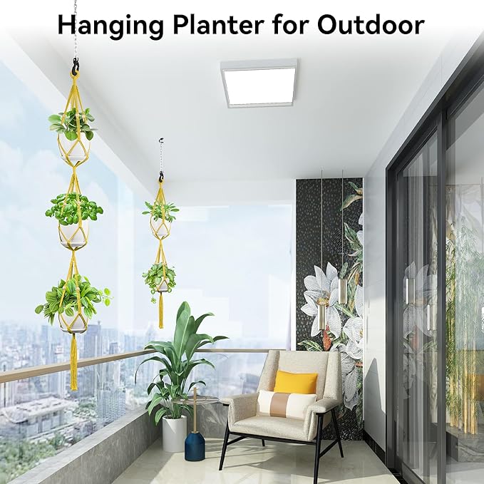 USLAI Macrame Plant Hanger Indoor Outdoor, Up to 4-15 inch Pot, Heavy 20lb Planters, Extra Long Strong Hanging Planter Basket Holder, Boho Home Decor, 49+72 Inch, Yellow (POTS NOT Included)