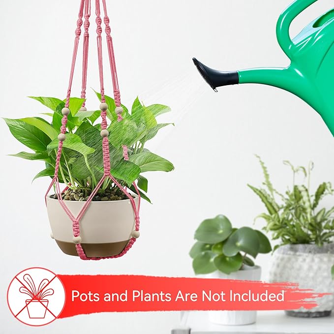 USLAI Macrame Plant Hanger Indoor Outdoor, Up to 4-15 inch Pot, Heavy 20lb Planters, Extra Long Strong Hanging Planter Basket Holder, Boho Home Decor, 35+72 Inch, Pink (POTS NOT Included)