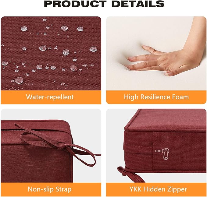 Sunbrella Square Corner Seat Cushions, 19" x 19" x 3", Set of 4, Indoor Outdoor Water Repellent Universal Chair Pads with Ties for Patio Furniture, Garden Dining Chairs, Spectrum Brick