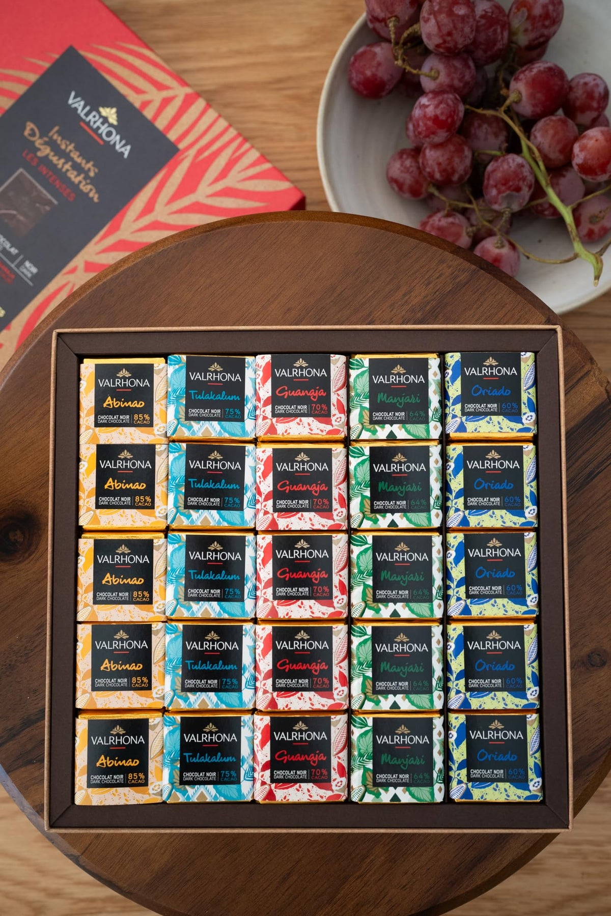 Valrhona Premium 50 Dark Chocolate Squares Gift Box - Abinao 85%, Tulakalum 75%, Guanaja 70%, Manjari 64%, Oriado 60%, Holiday Chocolate Gift, Gourmet