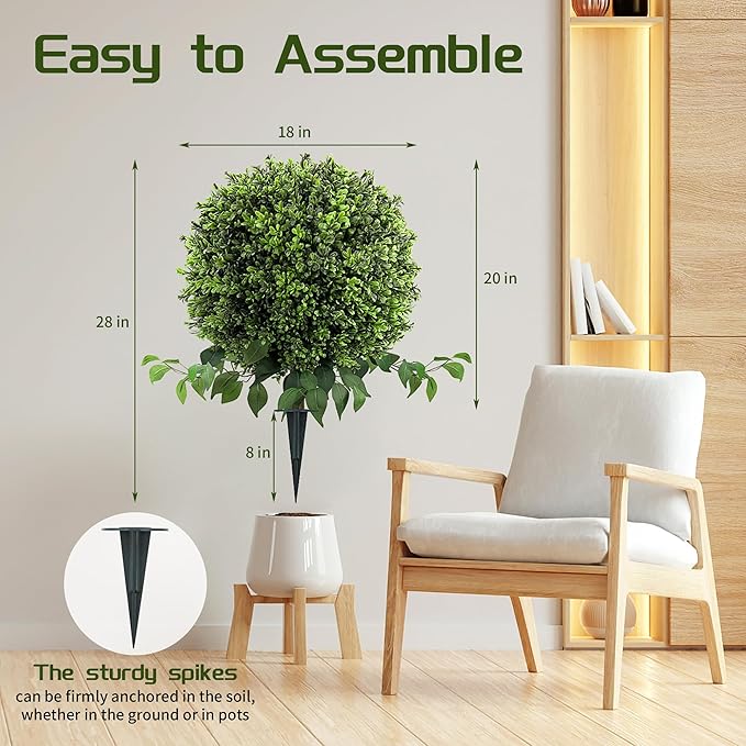 28" Artificial Boxwood Ball Bush, UV Resistant Topiary Tree Faux Boxwood Ball Shaped Porch Bushes with Ground Spike Artificial Bushes for Outdoors Front Door Decor Home Garden