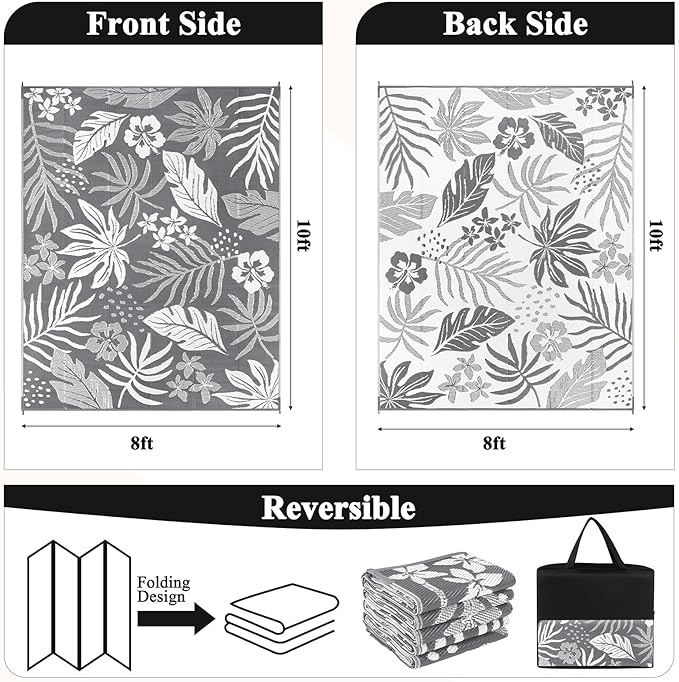 Pauwer Waterproof Outdoor Rug 8x10, Reversible Plastic Straw Patio Camping Rug, Indoor Outdoor RV Mat Carpet for Deck, Camper, Porch, Balcony, Backyard, Picnic, Floral Grey
