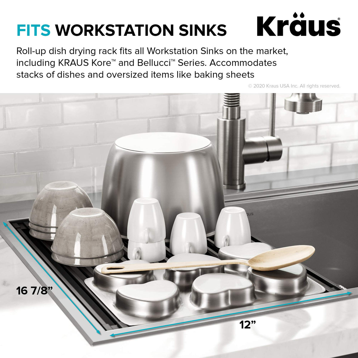 Kraus Multipurpose Workstation Sink Roll-Up Dish Drying Rack, Colander and Trivet in Dark Grey, KRM-11DG