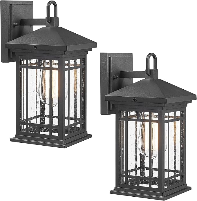 Outdoor Porch Lights Wall Mount, 2 Pack 12.4 Inch Outdoor Wall Lantern With E26 Sockets & Seeded Glass, Classic Exterior Lighting Fixtures, Waterproof Black Porch Light Fixtures For House, Garage