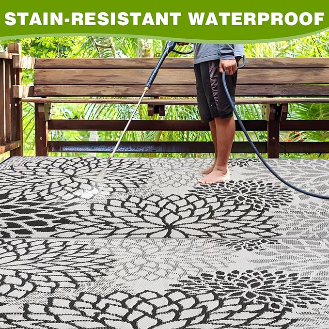 Outdoor Rug 8x10 ft with LED Light, Waterproof Reversible Outdoor Plastic Straw Rug for Patios Clearance, Large Outdoor Area Rug Carpet RV Mat for Camping Backyard Deck Porch Beach