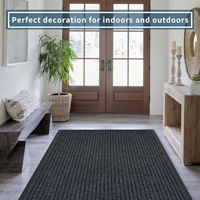 fani Heavy Duty Large Outdoor Indoor Entrance Black Doormat Waterproof Low Profile Entrance Rug Front Door Mat Patio Anti-Skid Rubber Back, 48x120 inch (Gray)