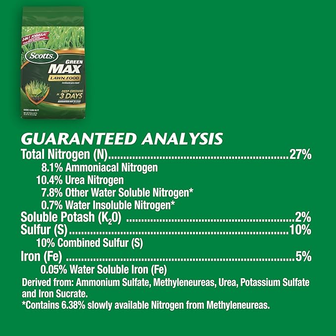 Scotts Green Max Lawn Food, Lawn Fertilizer Plus Iron Supplement for Greener Grass, 10,000 sq. ft., 33.33 lbs.