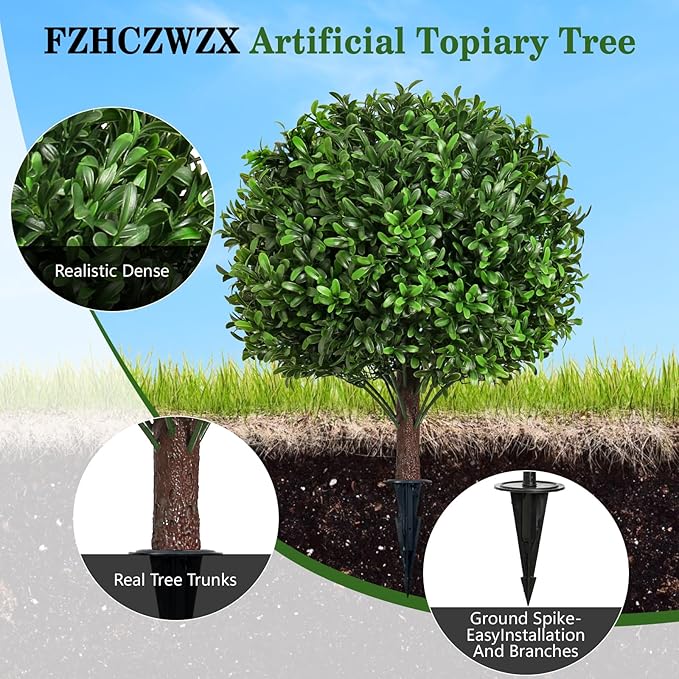 Artificial Olive Leaf Boxwood Topiary Ball Trees, Set of 2 UV Resistant 16in Outdoor Plants – Artificial Bonsai, Miniature Trees, Garden, Curb Appeal