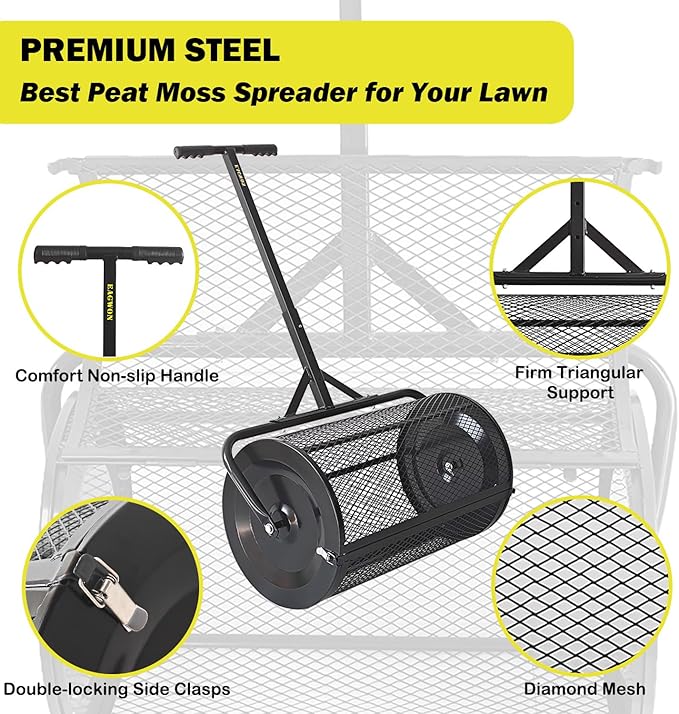 Compost Spreader, 24" Peat Moss Spreader, Roller Lawn Spreader with 3 Heights T Shaped Handle, Side Latches Powder Coated Steel Mesh Basket, Lawn & Garden Spreader for Spreading Manure Topsoil Black