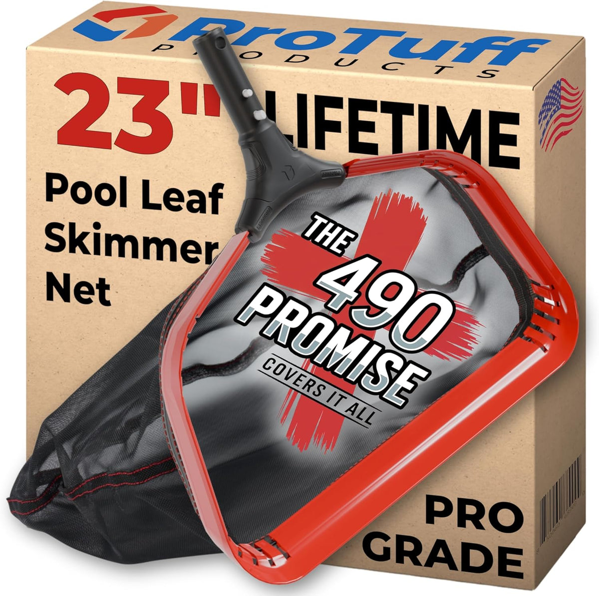 ProTuff 23" Fine Pool Net for PROS – “490 Promise” Unlimited Unconditional Replacement – Cleans 3X Faster Than Vacuum – Wide Pool Skimmer Net with Deep Bag for Easy Maintenance of Leaves, Bugs, Debris