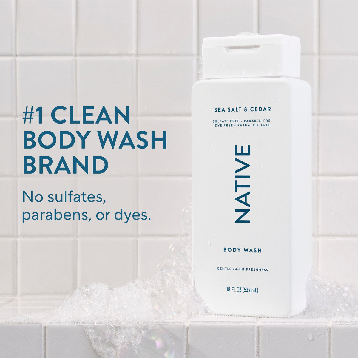Native Clean Body Wash, Gentle & pH-balanced for Sensitive Skin, 24-Hr Freshness for Men & Women, Vegan & Cruelty-Free, Free of Sulfates, Parabens & Phthalates, Sea Salt & Cedar, 18 fl oz