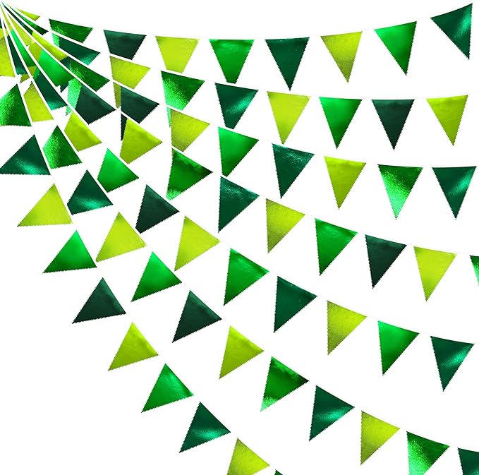 Gradient Green Party Decorations Metallic Fabric Ombre Green Triangle Pennant Banner Flag Bunting for Graduation Birthday Retirement Wedding Bachelorette Spring Summer St Patrick's Day Party Supplies