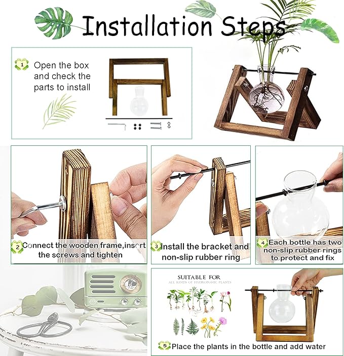 Kingbuy Plant Propagation Station Air Plant Terrarium Bulb Vase with Wooden Swivel Holder Desktop Glass Planter for Indoor Water Plants Home Office Tabletop Decor - 1 Bulb Vase