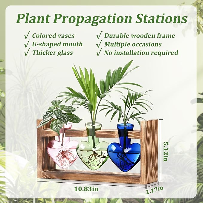 Lifecapido Heart Shaped Propagation Stations, Plant Terrarium with Wooden Stand, Plant Propagation Station for Hydroponics Office Garden Home Decor, Gifts for Women Plant Lover (3 Vases, Multicolor)
