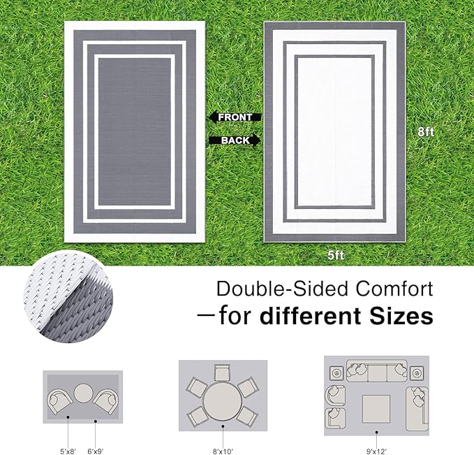 OLANLY Outdoor Rug 5x8 ft Waterproof, Reversible Outdoor Plastic Straw Rug, RV Mat, Indoor Outdoor Carpet Clearance for Patio, Camping, Balcony, Deck, Backyard, Grey & White