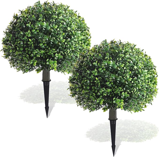 Yunlly 2 Pack 18" Artificial Boxwood Ball Bush Topiary Trees Fake Outdoor Plants, Realistic UV Resistance Faux Shrubs with Spike Greenery Topiary Potted for Front Porch Garden Yard Patio Indoor Decor