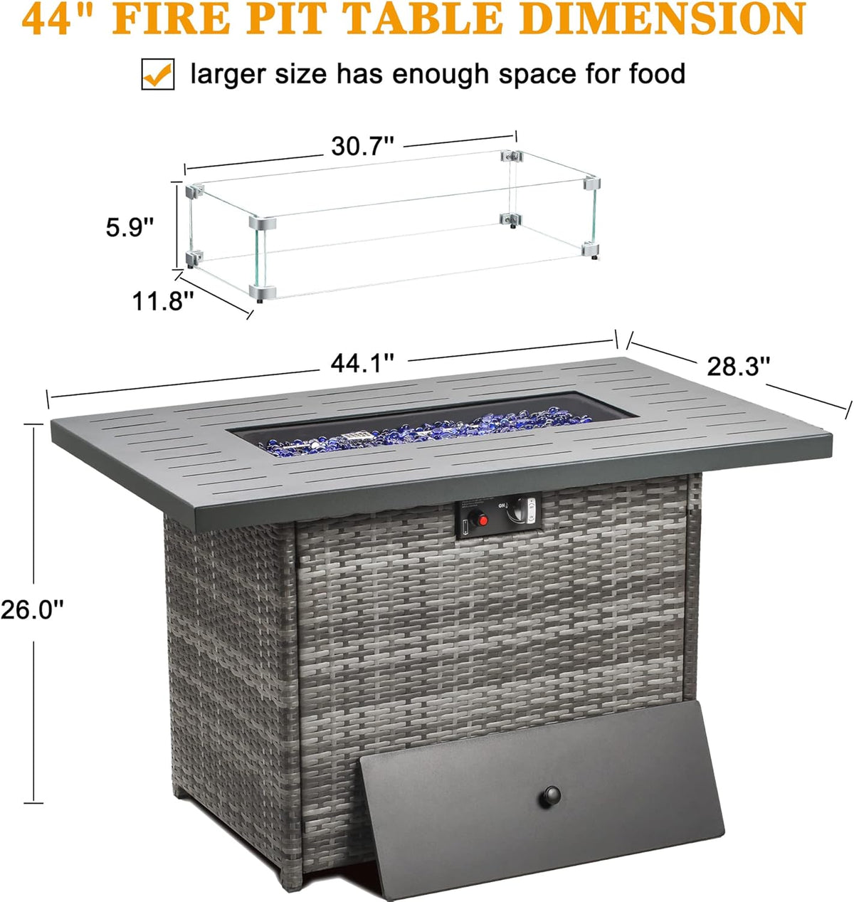 LayinSun 44" Propane Gas Fire Pit Table, 55000 BTU Rectangular Fire Pit with Glass Wind Guard for Outside Patio Deck Garden Backyard Gray-Aluminum Top
