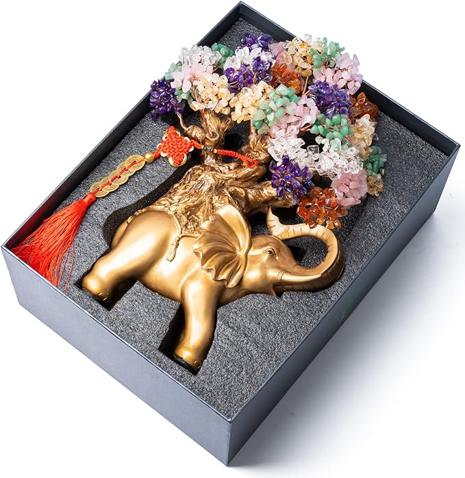 7 Chakra Crystal Money Tree on Gold Elephant Statue, 17”Large Gemstone Bonsai Tree of Life Home Décor Gifts for Wealth Positive Energy, Feng Shui Décor