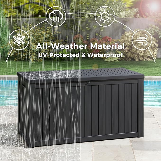 KAMABOKO Outdoor Storage Box, 150 Gallon Large Outdoor Resin Deck Box, Storage Waterproof Boxes Lockable Lid for Garden Tools, Pool Supplies, Patio Furniture and Cushions, Black