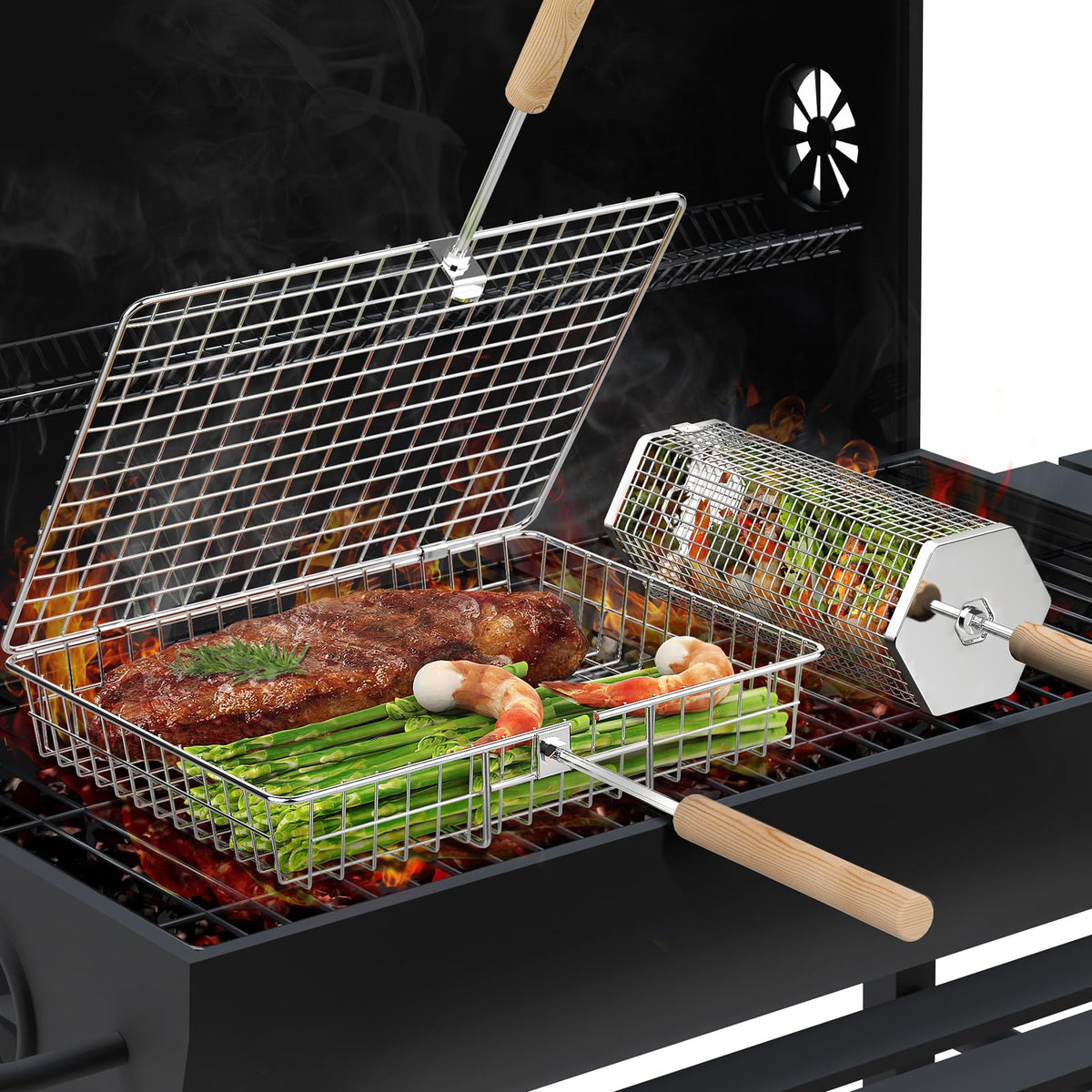 Grill Basket Set, BBQ Accessories, Outdoor Camping Cooking, Gifts for Men