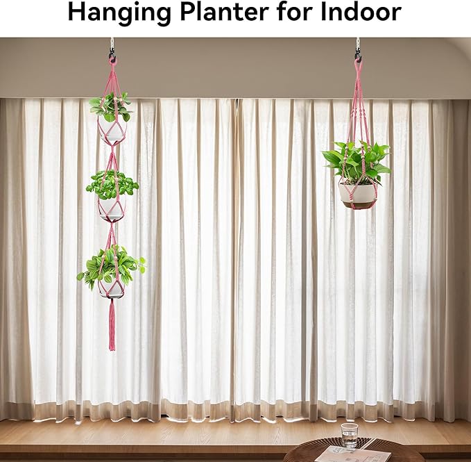USLAI Macrame Plant Hanger Indoor Outdoor, Up to 4-15 inch Pot, Heavy 20lb Planters, Extra Long Strong Hanging Planter Basket Holder, Boho Home Decor, 35+72 Inch, Pink (POTS NOT Included)