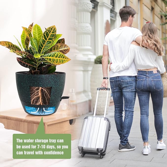 10/9/8 inch Self Watering Pots, Set of 3 Plastic Planters with Mesh Drainage Holes and Deep Reservoir for Indoor Outdoor Garden Plants and Flowers, Black with Green Speckles