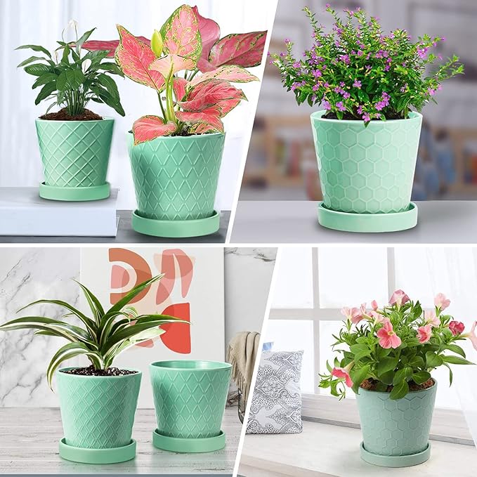 EFISPSS Flower Planter –5 inch Ceramic Plant Pots with Drainage Holes and Ceramic Tray - Gardening Home Desktop Office Windowsill Decoration Gift Set of 4 - Plants NOT Included
